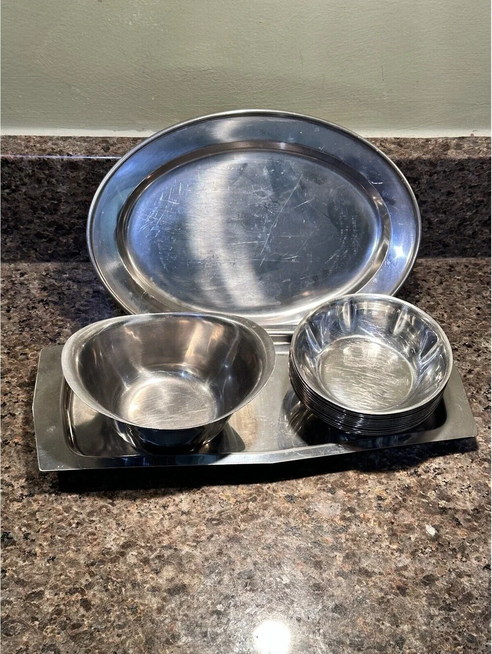 Vintage Stainless Steel Japan Serving Tray Platter & Bowl Lot 15 Pieces